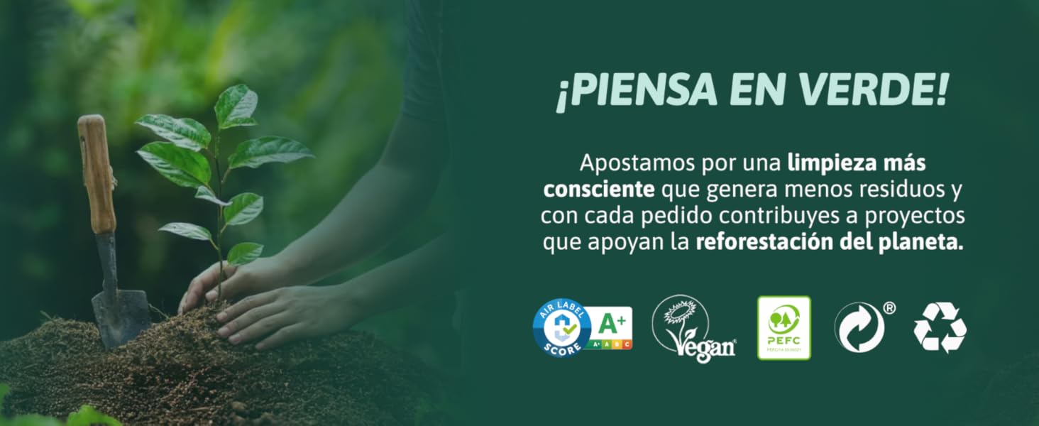 El texto dice «¡PIENSA EN VERDE!» Cartel de concienciación medioambiental de temática ecológica con iconos de reciclaje y sostenibilidad mostrados en blanco sobre un fondo verde oscuro.