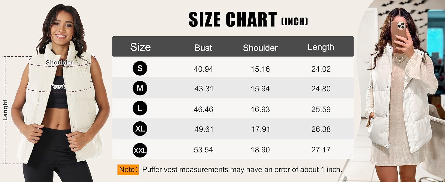 Womens Puffer Vest Size Chart