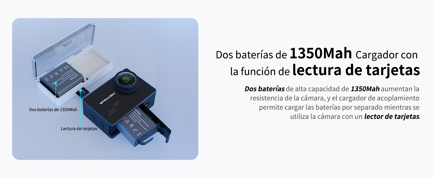 El texto dice «1350 mAh» y «lectura de tarjetas». Imágenes técnicas del producto que muestran un dispositivo electrónico negro desde varios ángulos.