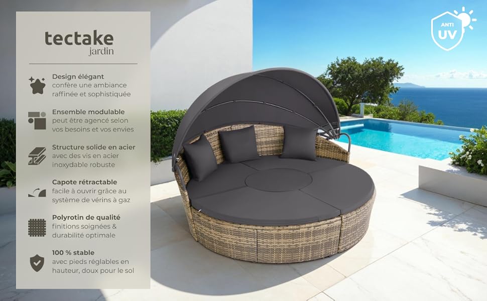 Le texte indique « tectake ». Plusieurs vues d'un meuble d'extérieur incurvé montrant un banc semi-circulaire gris avec des coussins sur fond de plage/océan.