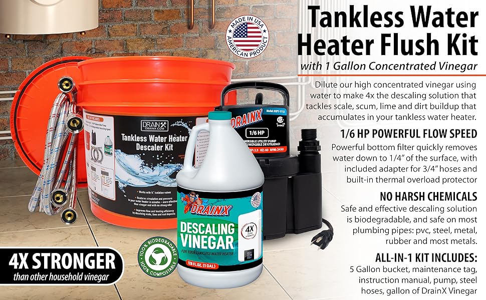 DrainX Tankless Water Heater Flushing Kit with Gallon Concentrated Vinegar, Dilute