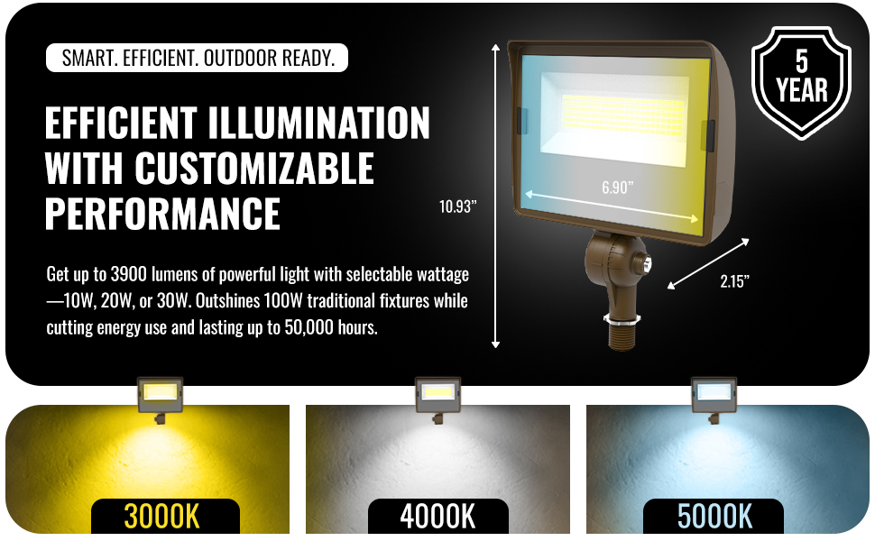 LED Flood Light 3CCT Selectable Dusk to Dawn Photocell IP65 Waterproof Adjustable Knuckle