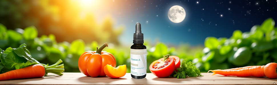 Einrichtung zur Produktfotografie mit frischem Gemüse, Tröpfchenflasche und Mondscheinhintergrund. Orangefarbene Tomaten und grünes Blattgemüse, arrangiert unter professioneller Beleuchtung.