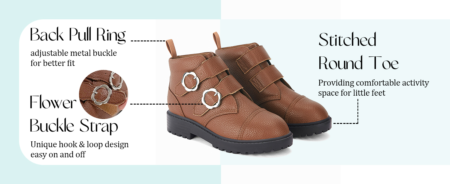 Girls Ankle Boots Kids Combat Boots Flower Buckle Straps Low Heel Fall Winter Booties Shoes