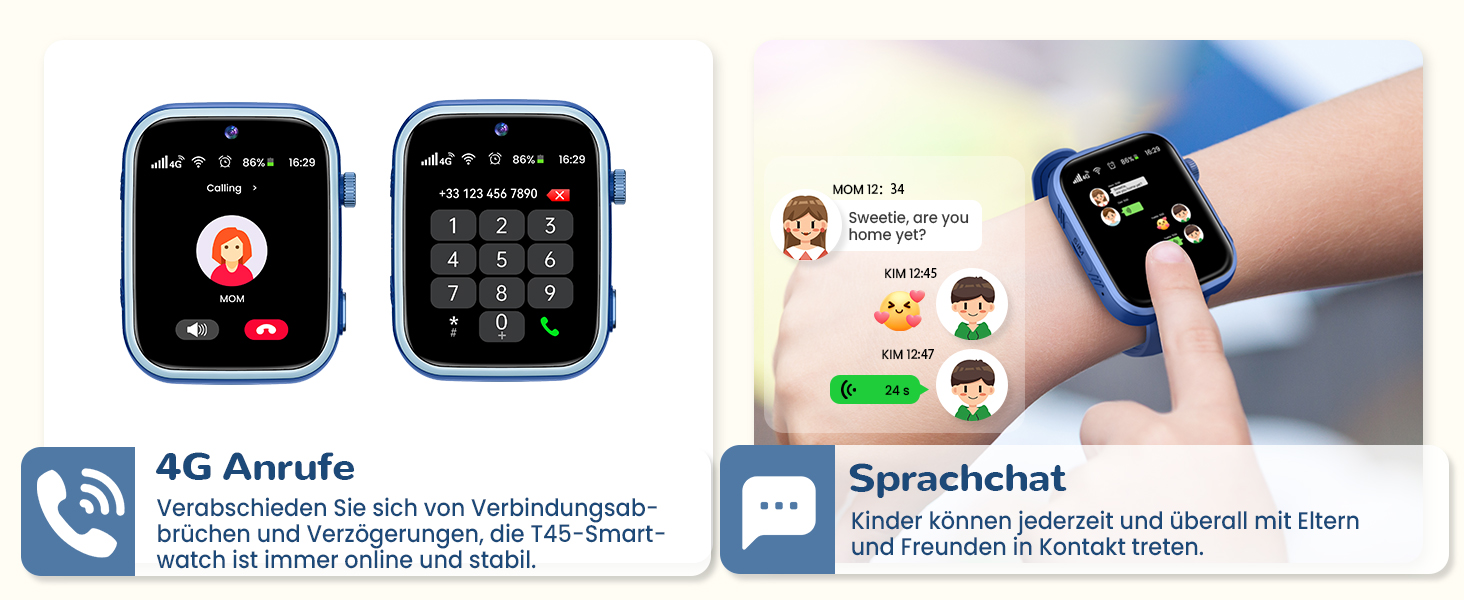 Der Text lautet „AG.Anrufe“ und „Sprachechat“. Auf den Displays der Smartwatch-Oberfläche werden Kommunikationsfunktionen und Nachrichtenfunktionen angezeigt.