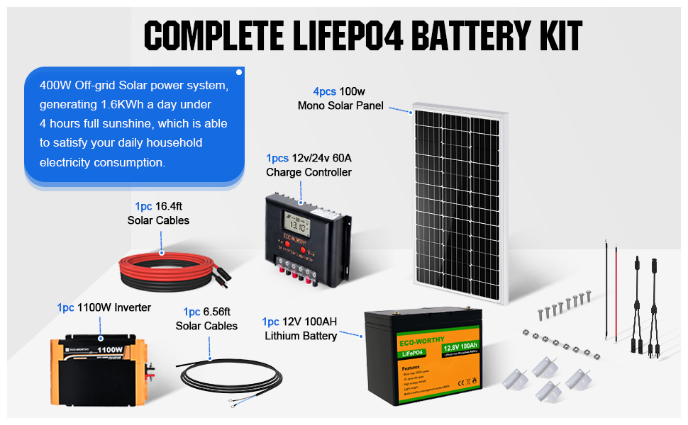 ECOWORTHY 400W RV Solar System Complete Kit with 100AH Lithium Batteries and 12V 1100W Power