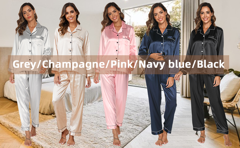 Women Silk Satin Pyjama, Women's Pyjama Sets, Loungewear Set, 2 Piece Loungewear, Button Down Ladies Pyjamas Long Sleeve Top and Pants Sleepwear for Ladies All Seasons 16 Women Silk Satin Pyjama