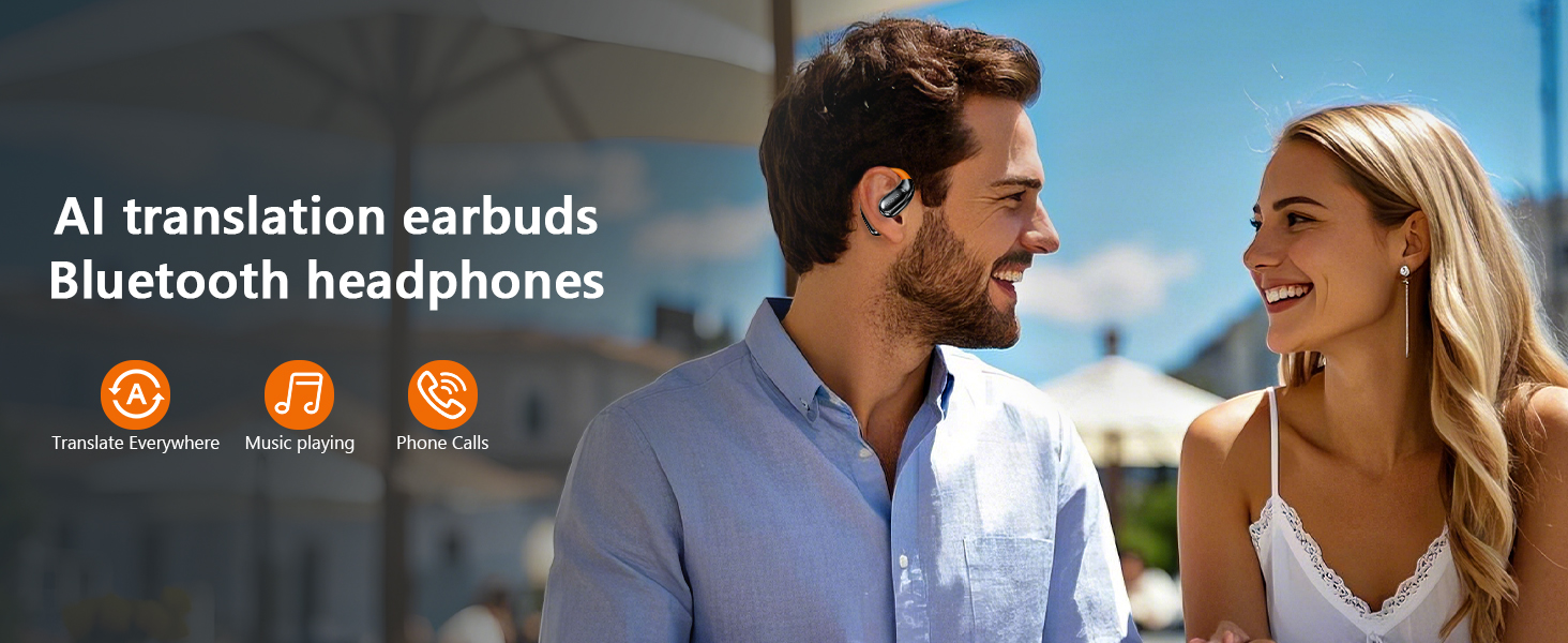 Advertisement for Bluetooth earbuds with AI translation feature, shown with lifestyle image and feature icons.
