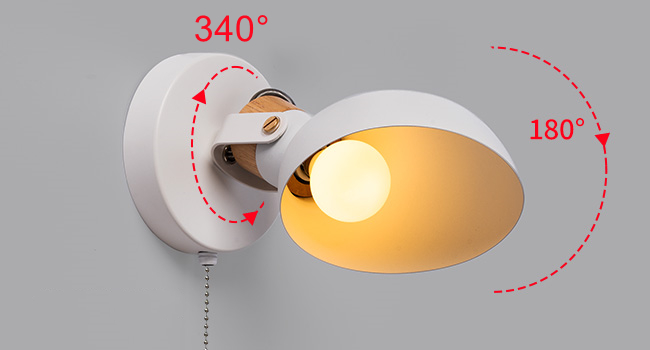 Description Picture 3 of itemPull Cord Wall Lights E14, White Rotatable Vintage Wall Light with E14 Bulb Retro Metal and Wood Wall Sconce for Bedroom Hallway