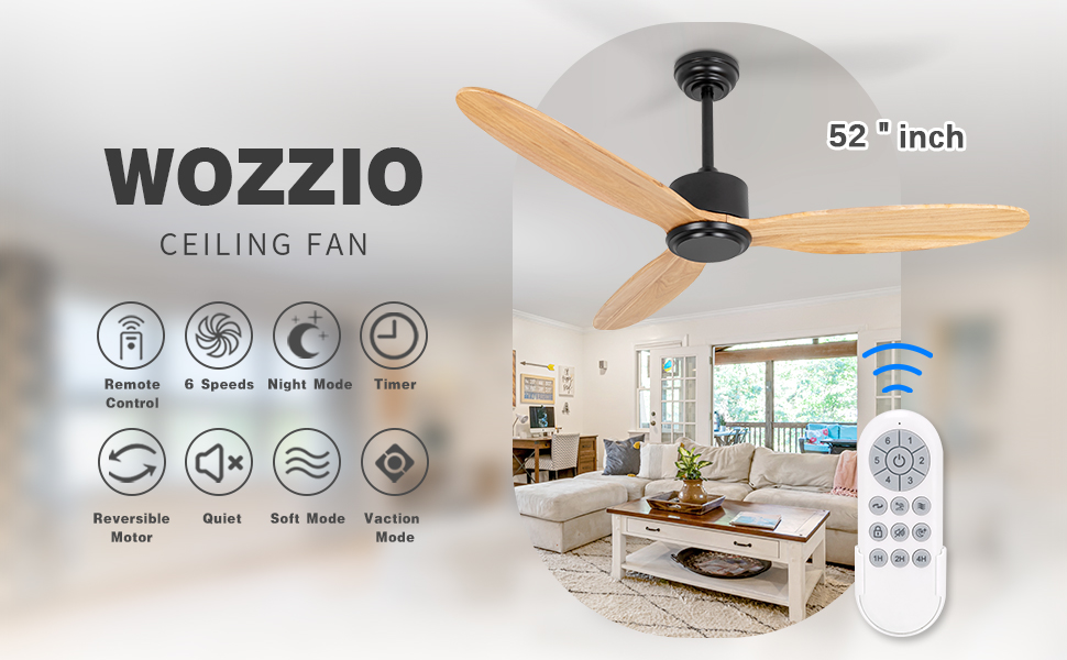 Wozzio Modern Ceiling Fan No Light with Remote Black 52 inch,DC Motor,6 Speeds