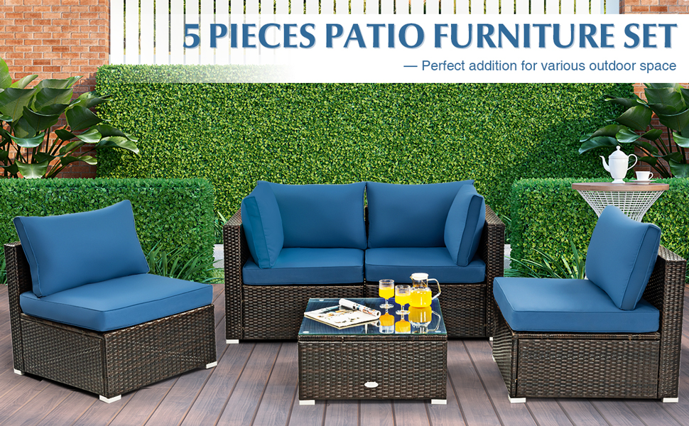 Tangkula 5 Pieces Patio Furniture Set, All Weather Wicker LShaped