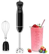Sequence showing black immersion blender and ingredients creating pink smoothie or beverage, with fresh berries and finished drink in measuring cup.