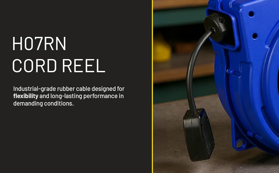 Text reads 'HO7RN CORD REEL Industrial grade rubber cable designed for flexibility and long-lasting performance in demanding conditions.' Blue industrial cord reel device shown from multiple angles.