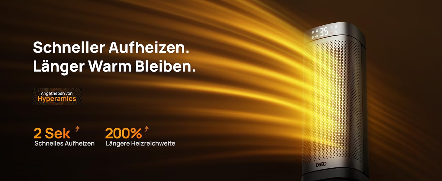 Infrarotstrahler mit sichtbaren Heizelementen. Text auf Deutsch erwähnt schnelles Aufheizen und längere Wärmespeicherung. „2 Sekunden“ und „200%“ sichtbar