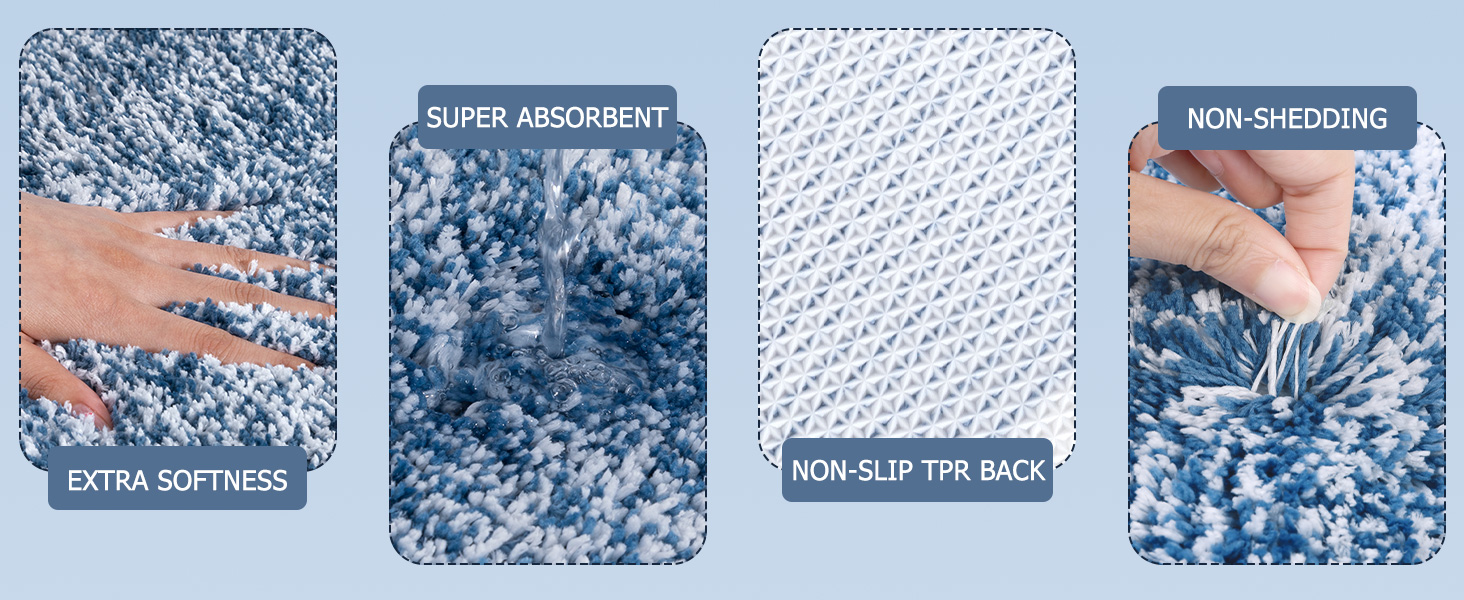 Four-panel image showcasing carpet features: extra softness, super absorbent, non-slip tpr back, and non-shedding. Hands demonstrating textures.