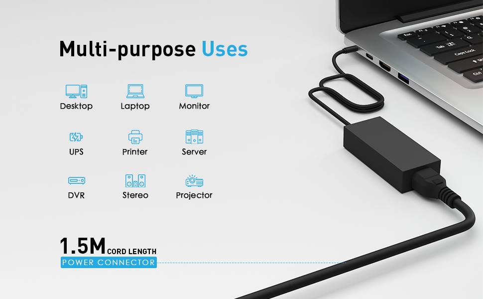 Cablet 1.5M Black 3 Pin Laptop Power Cable with 18 AWG & 700W Heavy Duty Universal Power Cable Replacement for Charger Adapter Power Cord for Laptop 12 MULTI PURPOSE LAPTOP POWER CABLE