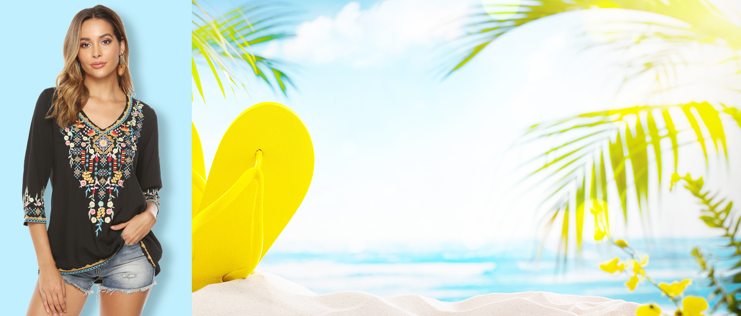 Women's Summer Boho Embroidery Mexican Bohemian Tops V Neck Shirt Blouse Tunic