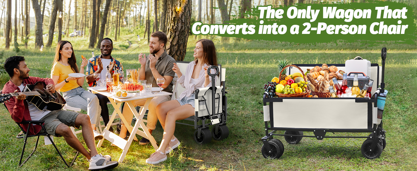 Outdoor scene with people enjoying picnic near convertible wagon. Wagon displays food and drinks, with text claiming it converts to a 2-person chair. Forest setting in background.
