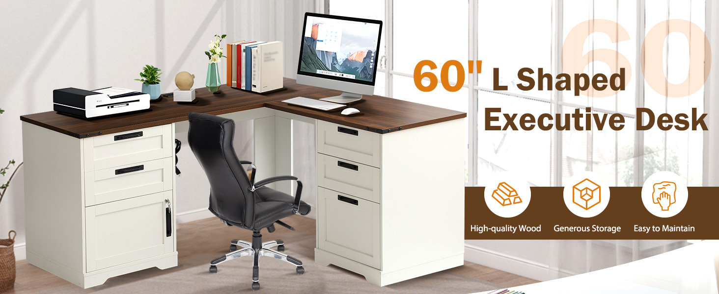 60&#34; L Shaped Executive Desk with Drawers, Farmhouse Home Office Desk with Charging Station