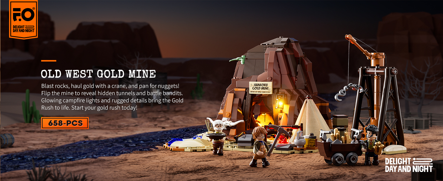 Toy Gold Mine mit Minibagger, Kran, Figuren und einer beleuchteten Bergstruktur. Das Set beinhaltet mehrere Spielsteine und scheint Teil einer Spielzeugserie zum Thema Bauwesen zu sein