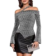 BeryLove Women Sparkly Top Off Shoulder Fitted Shirt Asymmetrical Rhinestone Party Blouse