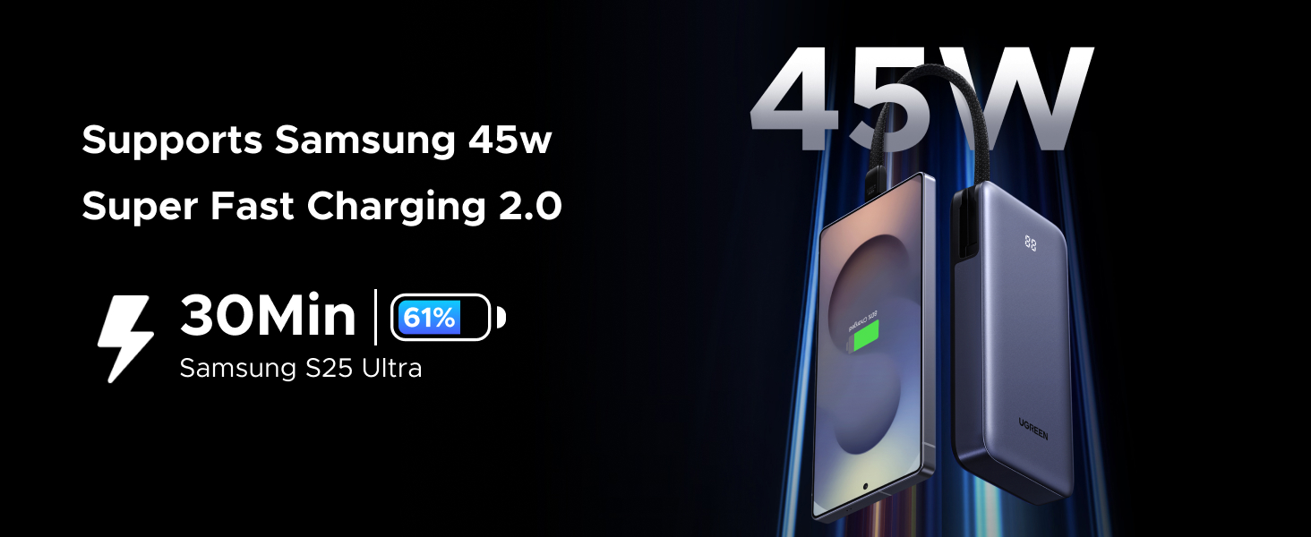 Text reads 'Supports Samsung 45w Super Fast Charging 2.0 30Min'. Dark product advertisement showing 45W charging capability with battery icon and lightning symbol.
