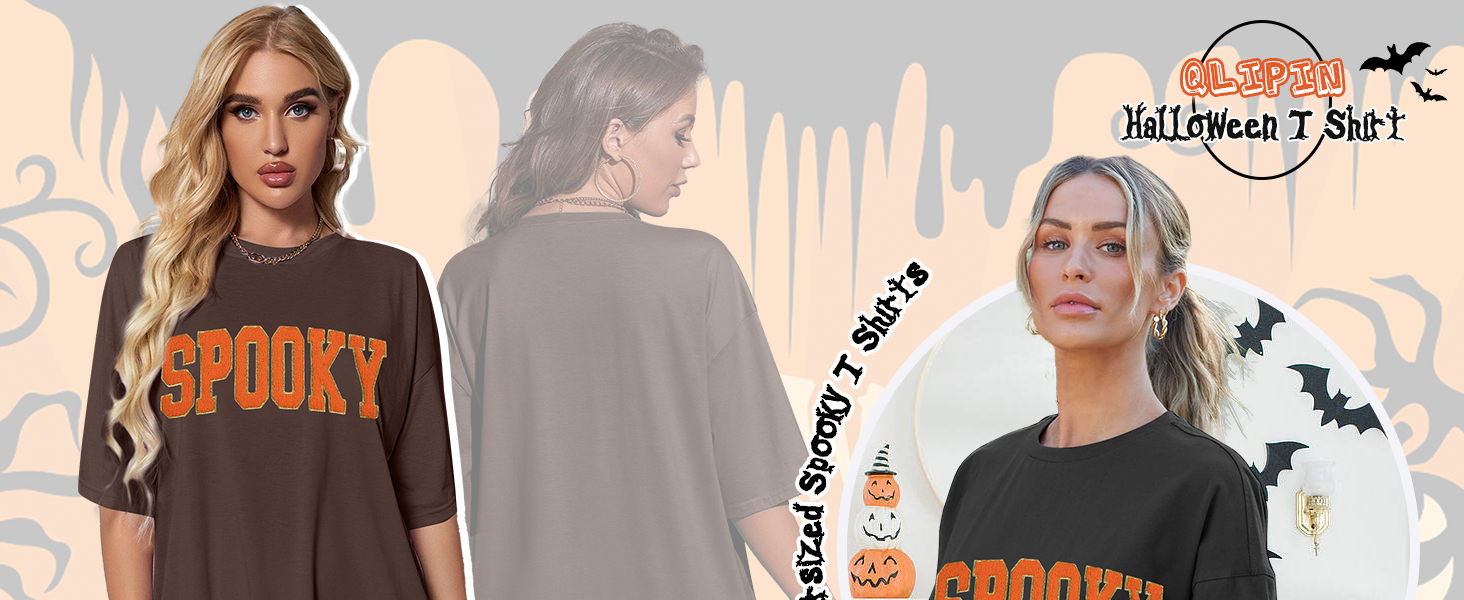 Oversized Halloween Shirt Women: Vintage Spooky Season Shirt Retro Spooky Letter Print Tee