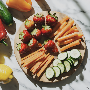 A vibrant and colorful array of fresh fruits and vegetables arranged on a rustic wooden table, showc