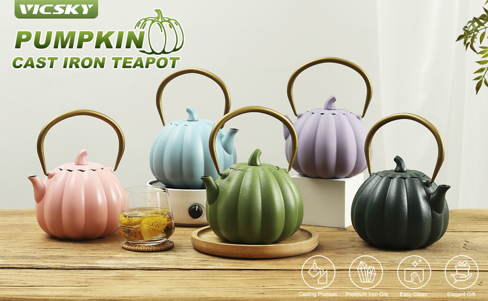 Pink Pumpkin Cast Iron Teapot with Infuser(40oz/1200ml), Tea Kettle for Stove Top