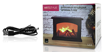 con cable de alimentación. La caja muestra un empaque de la marca ArtStyle con un efecto de llama artificial en un diseño de marco oscuro