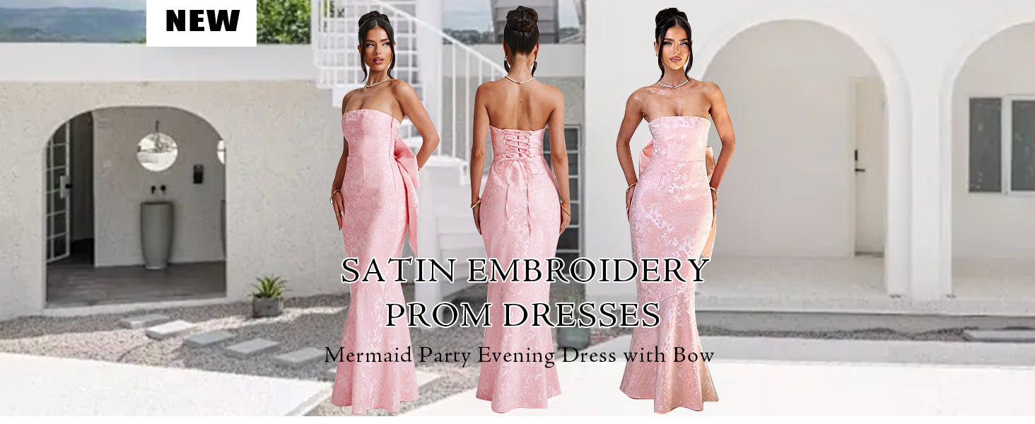 Satin Embroidery Prom Dresses 2024 Long Strapless Jacquard