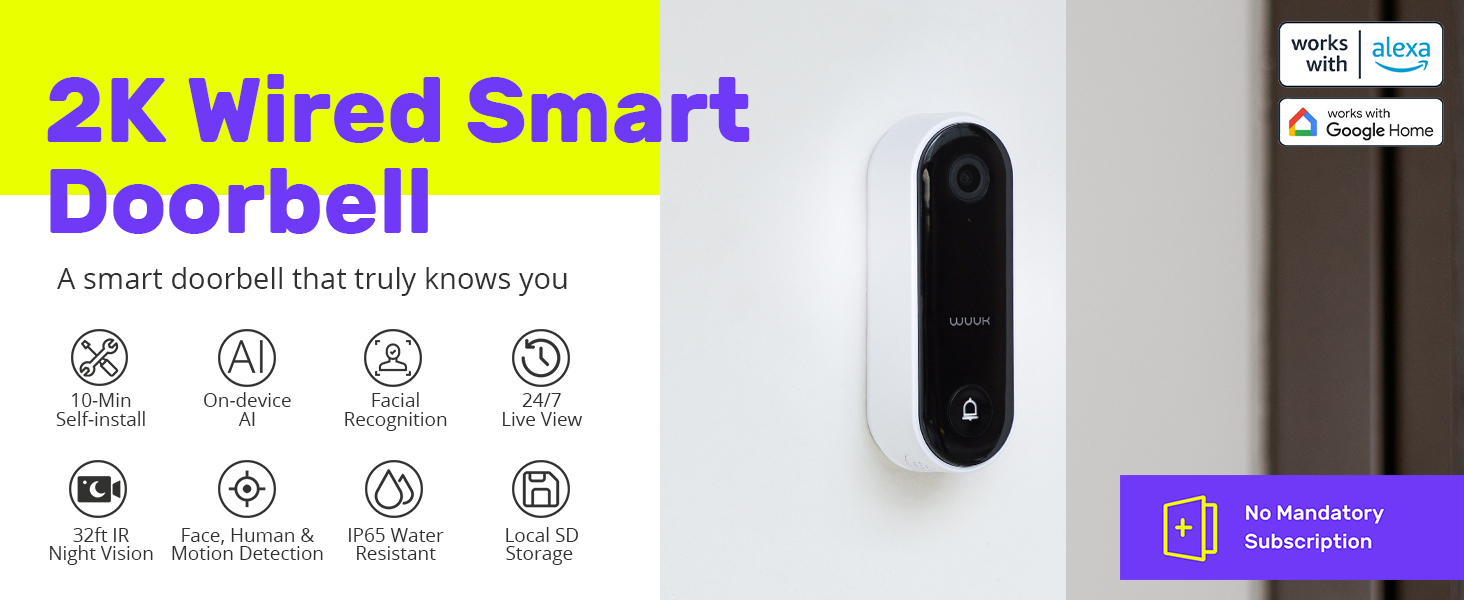 WUUK Wired Video Doorbell Camera with AI Facial Recognition, Wired