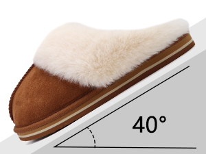 Tan suede slipper with white fuzzy lining, shown at a 40-degree angle on a white background.