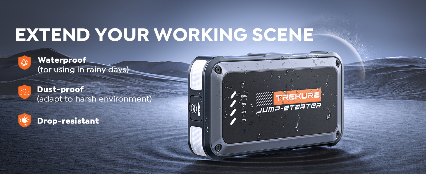 Rugged electronic device with digital display, labeled 'Extend your working scene'. Features include waterproof, dust-sealed, and drop-resistant capabilities.