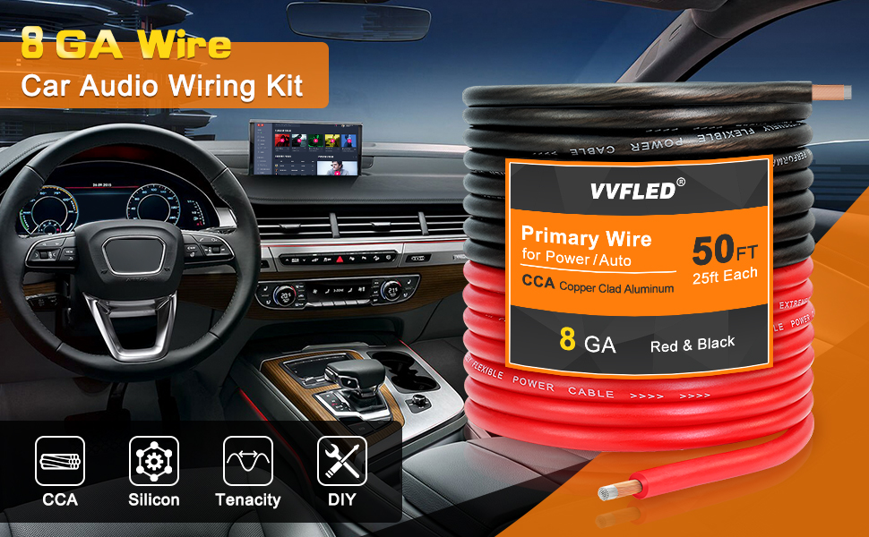 Car audio wiring kit featuring 8 GA wire. Orange spool of primary wire, 50 ft length. Dashboard image and icons for OCA, Silicon, Tidy, and DIY shown.