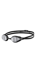 arena brand, air speed swim goggles close-up, mirror silver lens, black straps