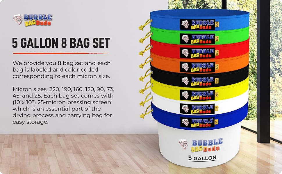 BUBBLEBAGDUDE Bubble Bags 5 Gallon 8 Bag Set Herbal Ice Essence Extraction Bag Kit with 10 x 10