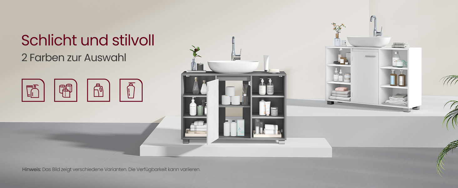 Der Text lautet „Schlicht und stilvoll“. Minimalistische Aufbewahrungslösung für das Badezimmer mit weißen Wandregalen, in denen Glasbehälter und Badutensilien übersichtlich angeordnet sind.
