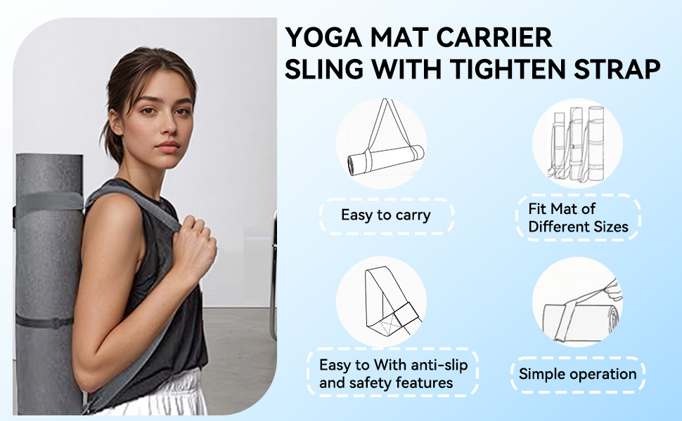 Easy-to-use yoga mat carrier sling with a tightening strap.