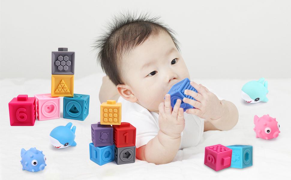 OWNONE 1 Baby Soft Blocks, 16PCS Stacking Building Blocks, Teething & Squeezing Toys for Babies