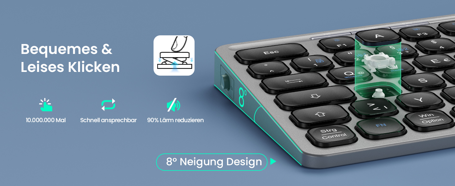 Der Text lautet „Programme & Leises klicken“. Nahaufnahme einer modernen Tastatur mit blaugrünen Akzenten und minimalistischen Icon-Designs, die Programmierfunktionen zeigen.