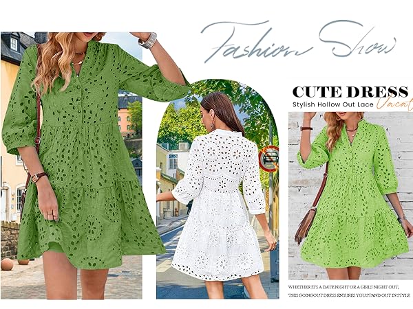 utcoco Women's 2025 Eyelet Lace Midi Dress V Neck Puff 3/4