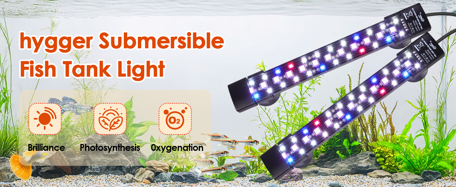 Der Text lautet „Hygger Submersible Fish Tank Light“. LED-Lichtleiste für Aquarien mit lila und blauen LEDs, dargestellt unter Wasser, mit Schnittstellensymbolen oben.