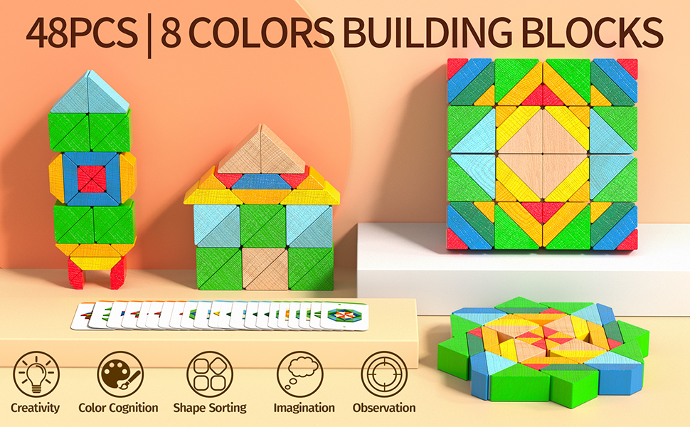 zhiwuzhu Wooden Building Blocks for Toddlers, 48PCS