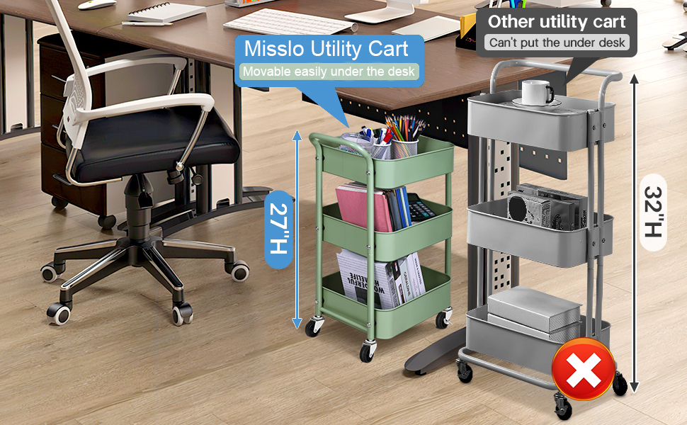 MISSLO Storage Trolley 3 Tier Rolling Cart with Wheels and Handle