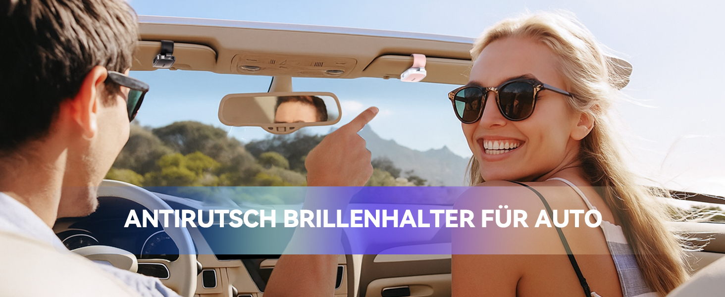 Der Text lautet „ANTIBESCHLAGBRILLENHALTER FÜR AUTO“. Bilderserie, die eine Halterung oder einen Halter für Autozubehör in verschiedenen Positionen zeigt.