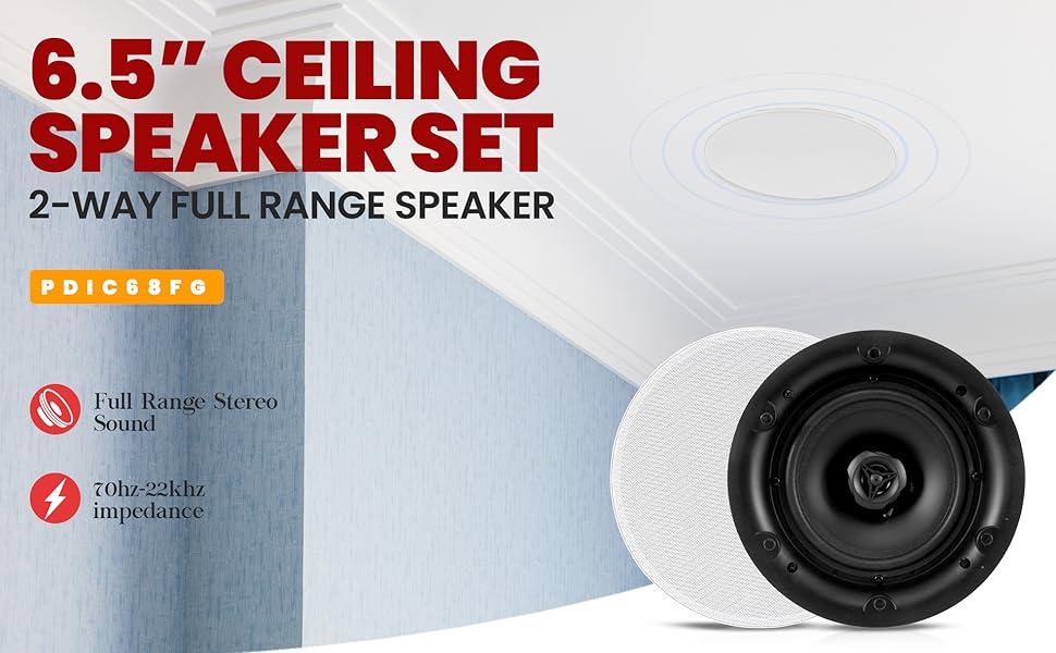 6.5” Ceiling Speaker Set;2-Way Full Range Speaker;Ceiling;Speaker;Stereo;Pyle