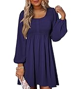 Dokotoo Womens 2025 Casual Dress Smocked Crewneck Button Up Long Sleeve Empire Waist A-Line Mini ...