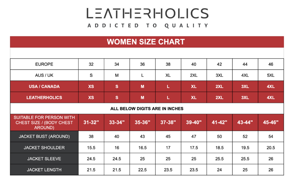 Leatherholics Women size chart