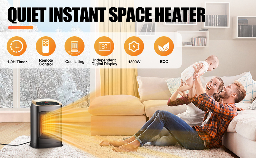 Monkrict Electric Heater, 1800w PTC Energy Efficient Fan Heater with